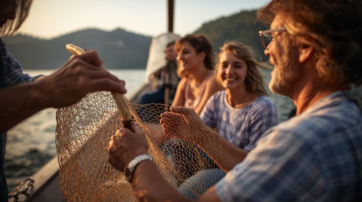 Candid shot of travelers and a local fisherman on a wooden boat during sunset at Lake Trasimeno.