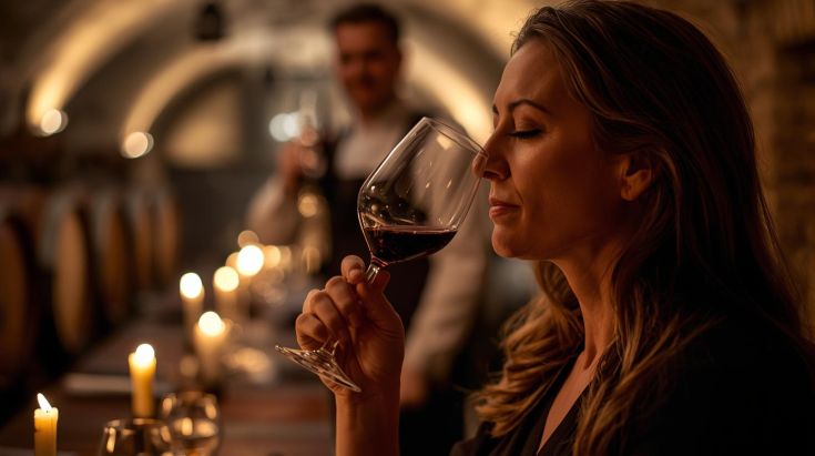Close-up of a guest tasting red wine in a historic stone cellar with soft candlelight.