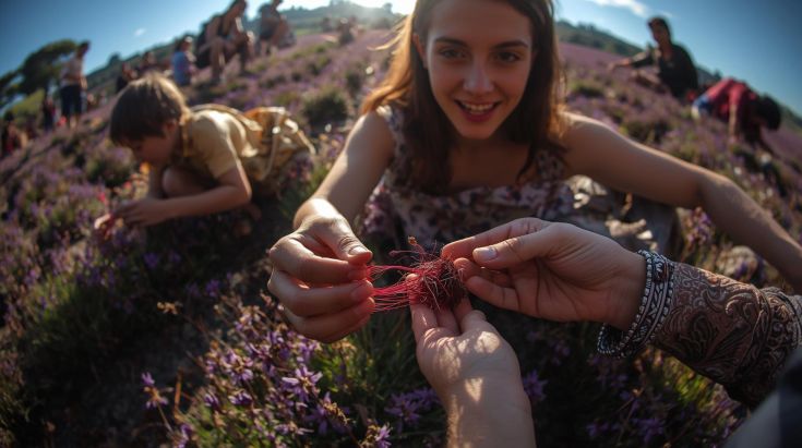 Group of foodies harvesting saffron flowers in a sunny field in Città della Pieve.