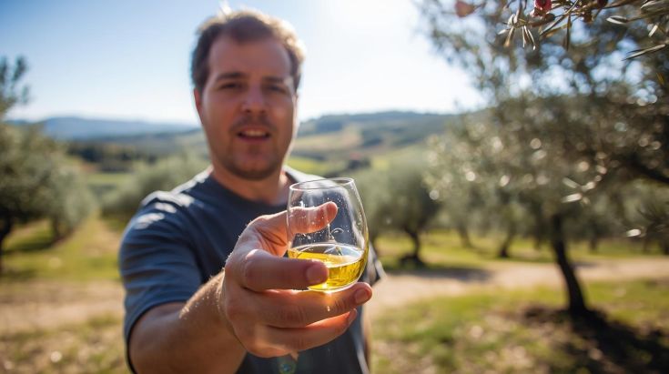 Guest practicing professional olive oil tasting technique in an olive grove with hills in the background.