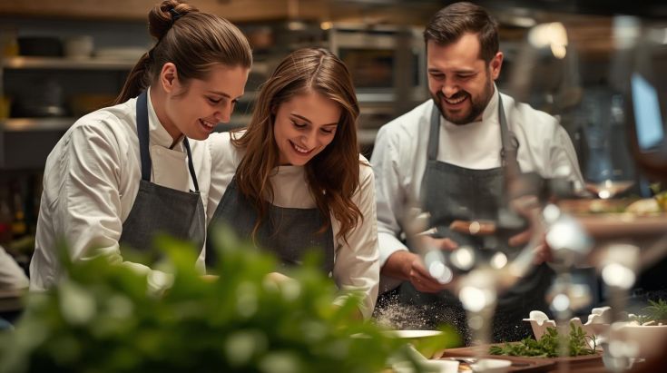 Two guests laughing while plating a gourmet dish during a cooking masterclass finale.