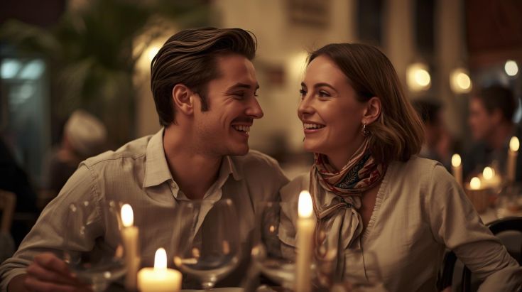 A stylish couple enjoying a gourmet gala dinner with wine at a luxury boutique hotel in Castiglione del Lago, Umbria.