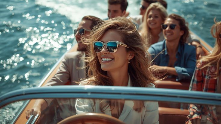 Group of friends in Dolce Vita attire enjoying a private vintage boat cruise on the sparkling waters of Lake Trasimeno.