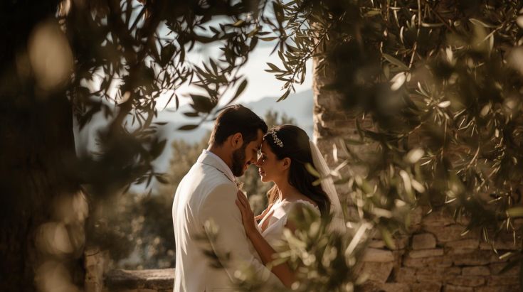 Intimate vow renewal ceremony at the historic Polvese Island castle gardens with a focus on emotional connection.