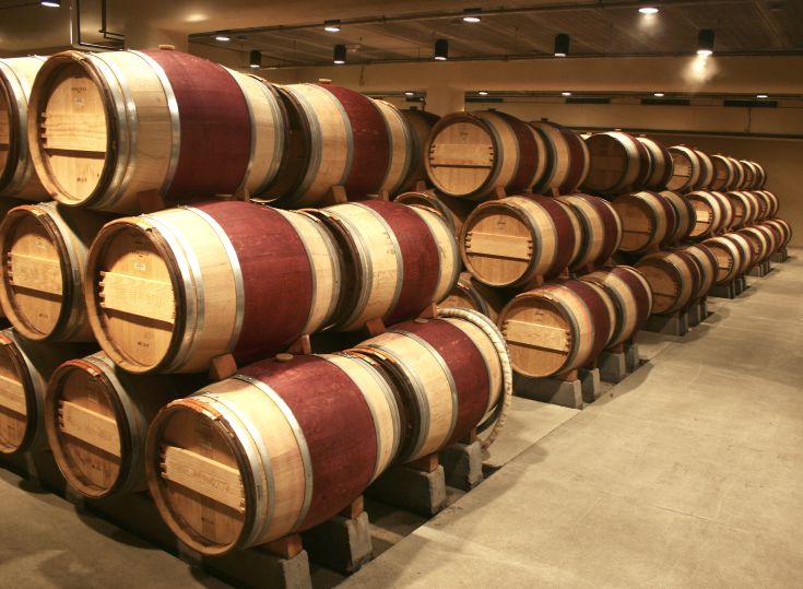 Una cantina ben organizzata con barili di legno, rappresentativa della tradizione vitivinicola umbra.