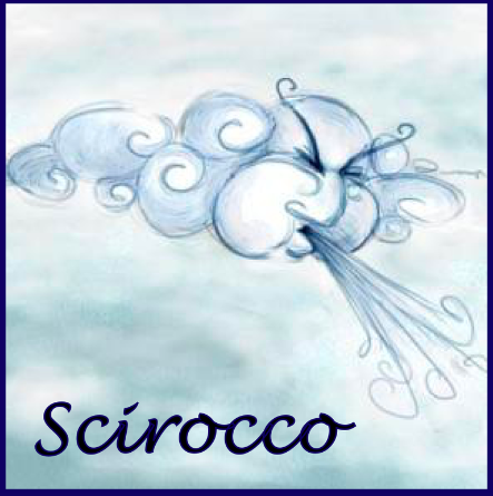 Un'illustrazione di Scirocco, raffigurato come una nuvola che disperde vento. Una scena suggestiva e chiara.