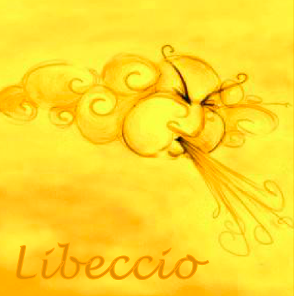 Rappresentazione di un vento, caratterizzata da nuvole e linee sinuose che suggeriscono movimento.