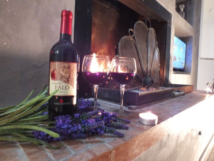 Un'atmosfera serale accogliente con vino rosso e una decorazione floreale affianco al camino.